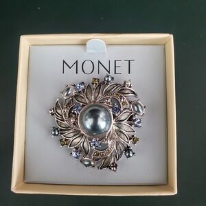 Monet Silver Tone Brooch with Blue Faux Pearl and Blue Crystal Signed NIB